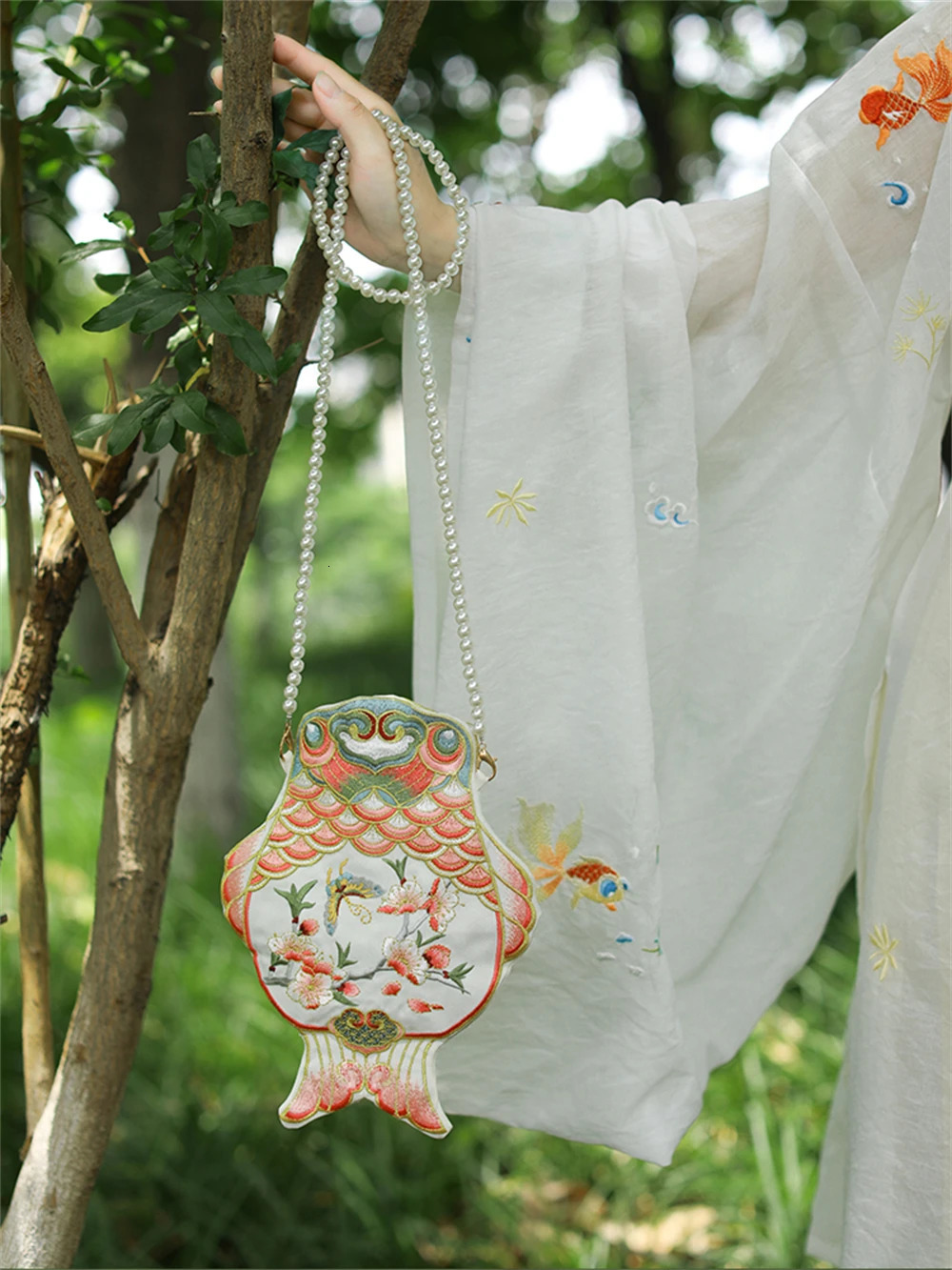1pc Ancient Style Goldfish Satchel Women Crossbody Hanfu Shoulder Bag Girl Twosided Embroidery Gift Costume Accessory 260307