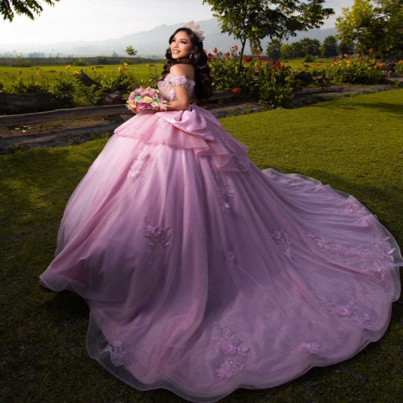 Pink Quinceanera Dresses Ball Gown Off The Shoulder Applique Flower Beading Crystal Bow Tull Corset Party Birthday Sweet 16 Dress Vestidos 15 De Anos