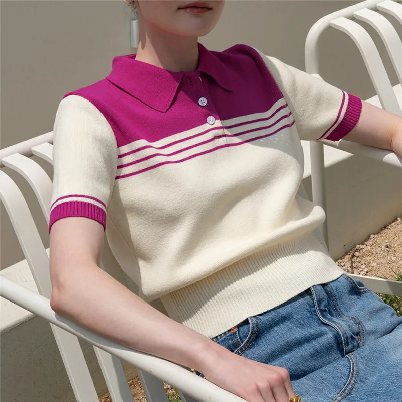 Spring Summer Womens Short Sleeve Polo Neck TShirt Slim Fit Knitted Wool Fashionable Casual Top for Ladies 260228