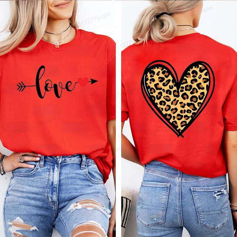 Leopard Print T Shirt for Women T-shirt Girl Casual Short Sleeve O Neck Top Valentine Heart Summer Female Clothing Tshirt XJ260306