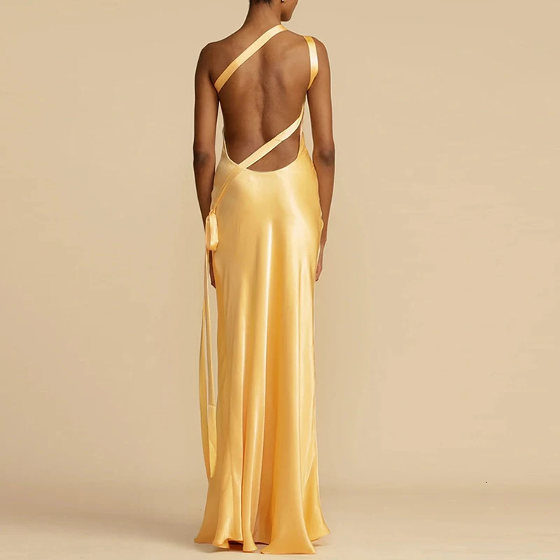 Spring Sexy Inclined Shoulder Party Dress Women High Waist Satin Boho Long Dress Summer Backless Hollow Bandage Maxi Dress 260306