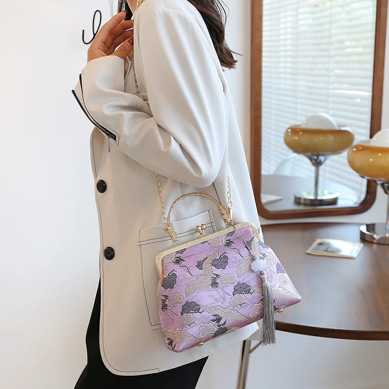 Chinese Style Crane Print Tassel Dinner Evening Bag For Women Fashion Metal Handle Handbag Chain Shoulder Party Small Clutch 260307