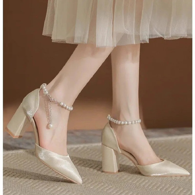 Elegant Pearl-Embellished Satin Heels - 5cm Chunky Low Heel Bridal Shoes with Adjustable Ankle Strap 260303