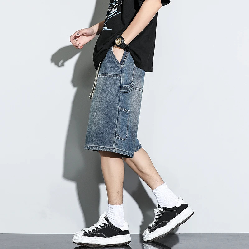 Vintage Cargo Denim Shorts Men Summer Fashion Dark Blue Dyed Distressed Fashion High Street Straight Wide Short Jeans 260304