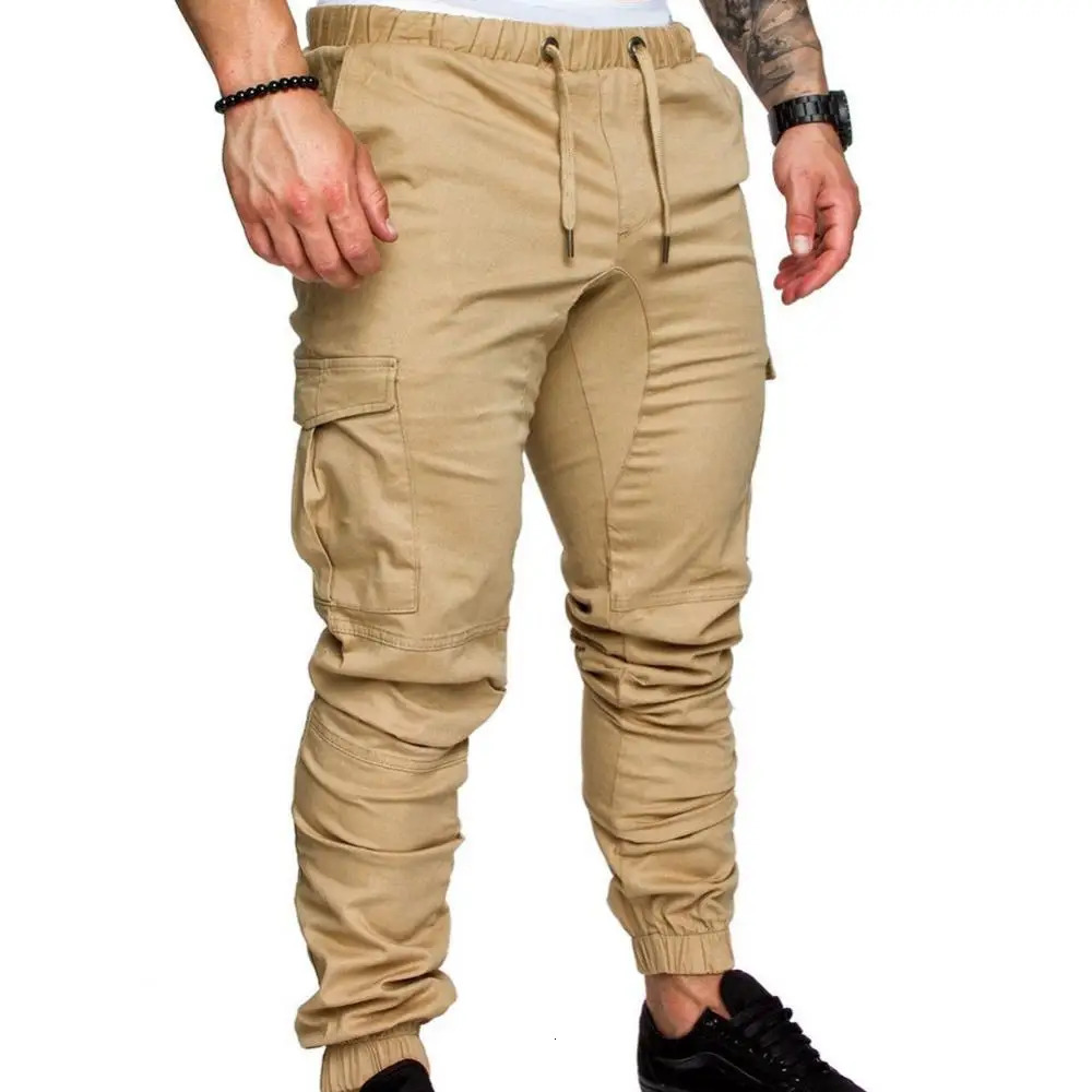 Men Casual Solid Color Pockets Waist Drawstring Ankle Tied Skinny Cargo Pants Work Trousers Outdoor Hiking Joggers Pant 260305