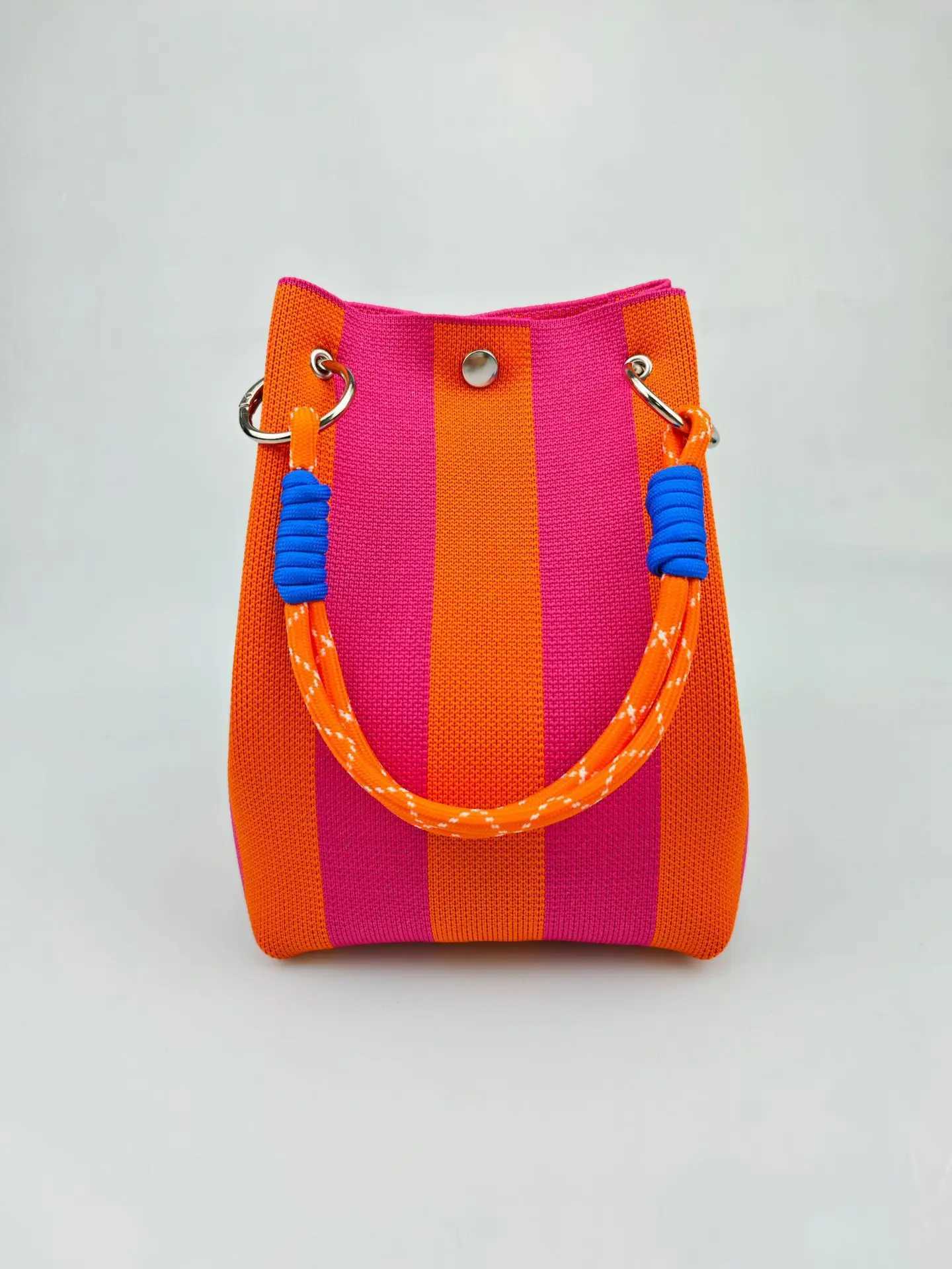 Colorful Stripe Handbag Large Capacity Bucket Rope Knot Spring Autumn Travel Versatile Soft Polyester Lining Mobile Phone Bag H260306