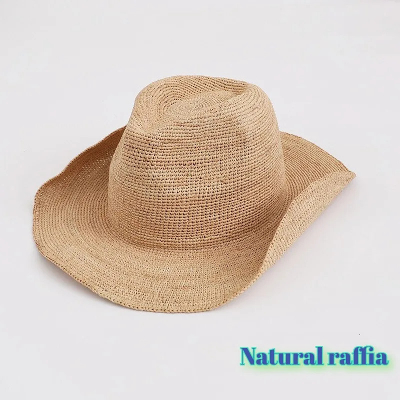 Hand-woven Crochet Natural Raffia Sun Hat Summer Simple Western Cowboy Hats with Curled Brim Beach Sun Protection Straw Hats 260228