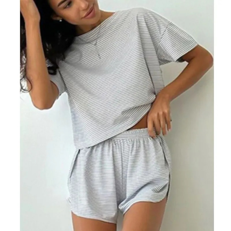 Womens Stripe Pajamas Set Short Sleeve O Neck TShirtSide Slit Shorts Sleepwear 2 Piece For Lady Home Casual Loose Outfits 260306