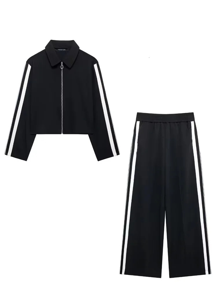 Women Casual Black Trousers Suits Sports Short Jacket Female Vinatge White Patchwork Baggy Pants Street 260306
