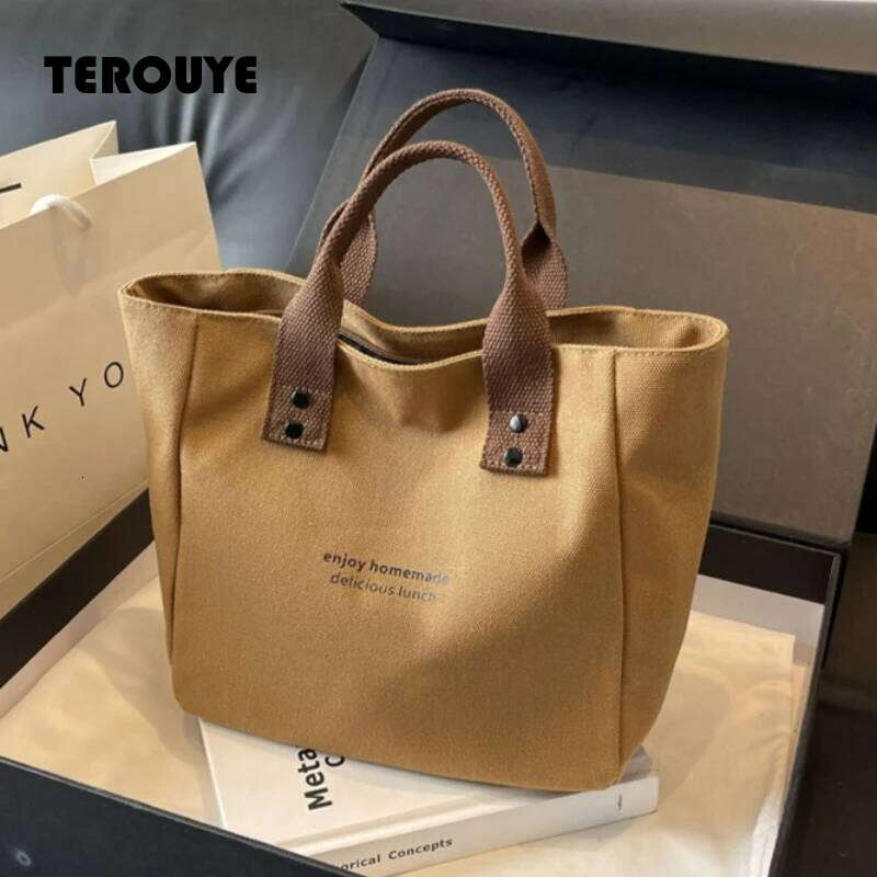 1Pc Classic Canvas Tote Bag, Durable Textile Material, Versatile Solid Color Shoulder Bag For Work And Everyday Use Handbags TEROUYE