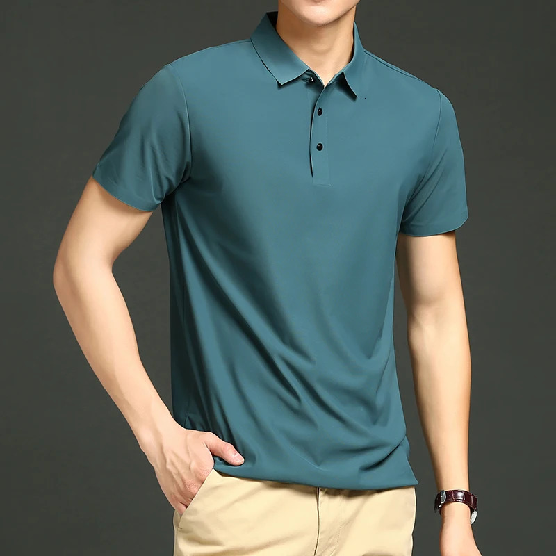 Golf Solid Ice Silk Traceless Silk Loose Polo Shirt Short Sleeve T-shirt Mens Elastic Ironless Thin Polo Neck Light 260305