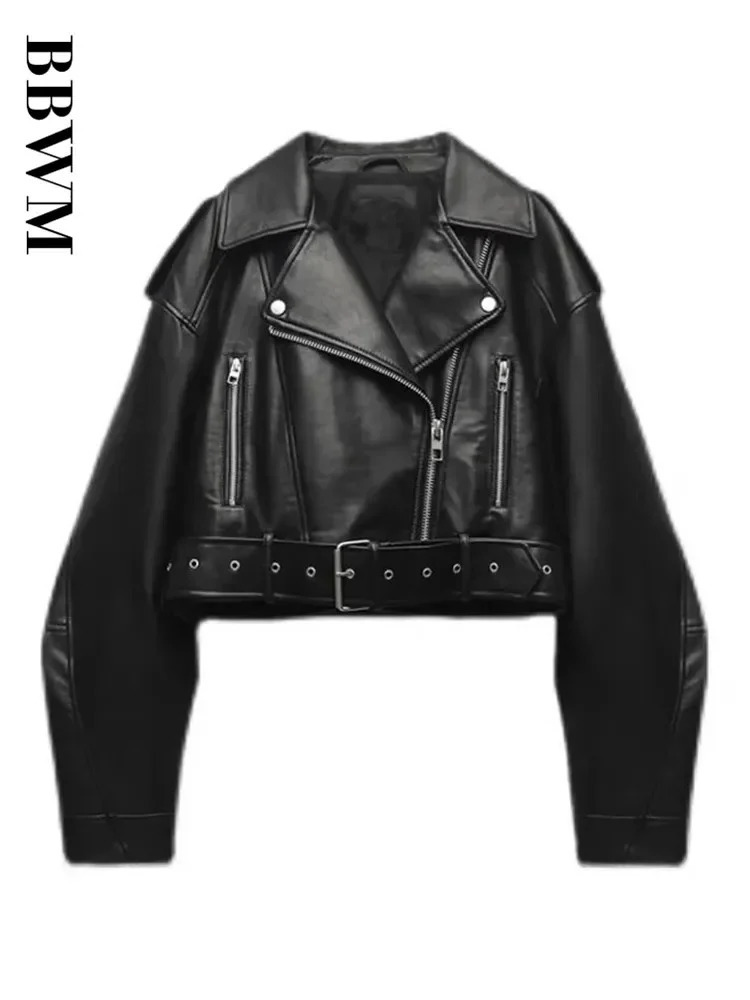 BBWM Women Oversized Vintage Loose Pu Faux Leather Short Jacket with Belt Streetwear Female Zipper Retro Moto Biker Coat Outwear 260306