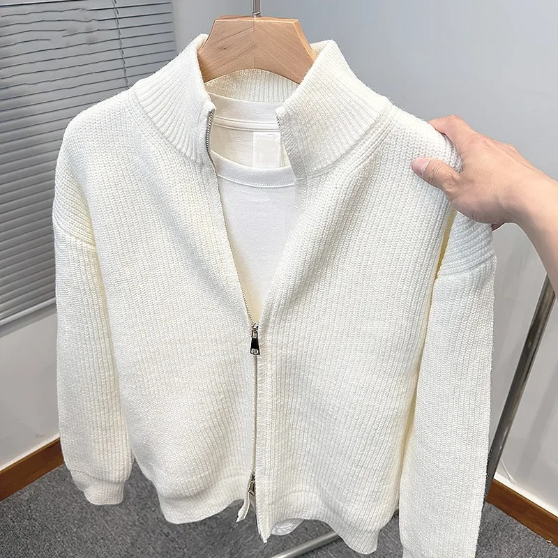 Versatile solid color zipper cardigan mens knitted sweater autumn and winter slim fit sweater jacket mens stand up col 260306