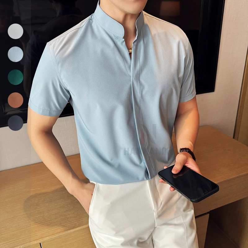 Stand Collar Short-Sleeved Shirt Mens High-Grade White V-Collar Shirt Drape Stretch Fashion V-neck Shirt Business Office 260305
