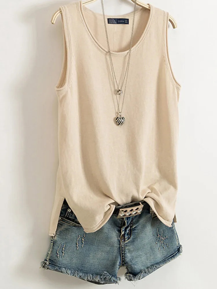 Cotton and Linen Camisole Womens Summer I-shaped Sleeveless Knitted Bottoming Shirt Short Outer Wear Loose Top Solid 260306