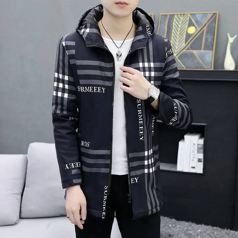2024 Spring and Autumn New Fashion Checkered Long Hooded Trench Men's Casual Loose Comfortable Windproof Large Size Coat