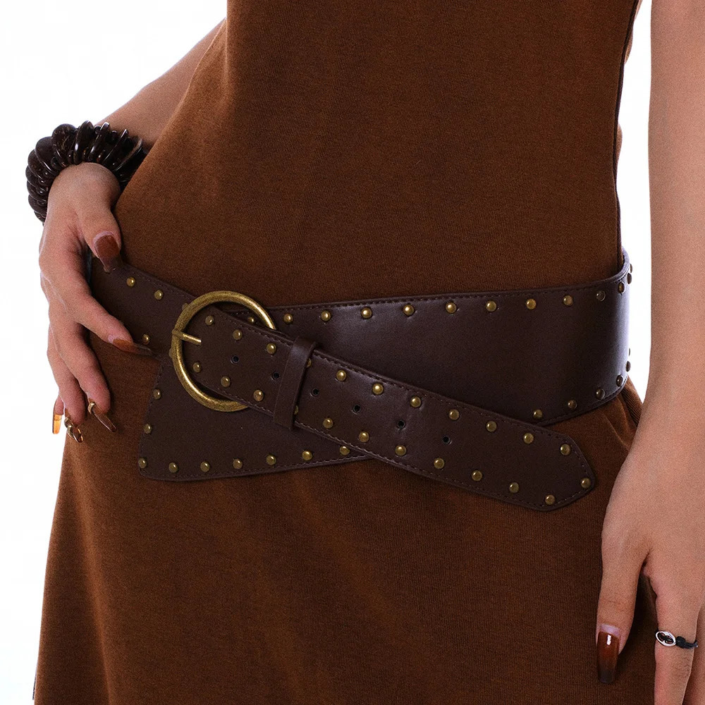 Western Cowboy Cowgirl Corset Leather belt for Women Punk Gothic decorative Wild Waistband Female womens retro rivet wide belt 260302