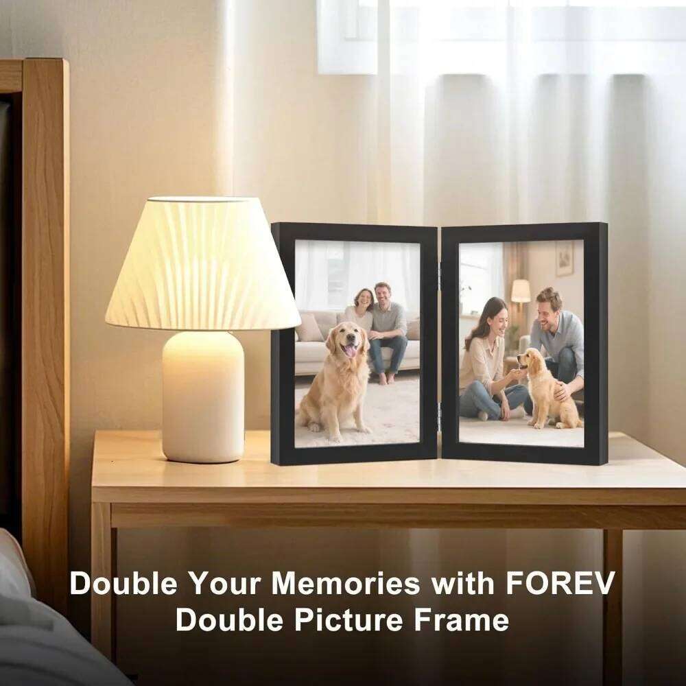 5x7 Double Picture Wooden Hinged Photo Frame Definition Glass Stand Vertically on Desktop or Tabletop Black H260306