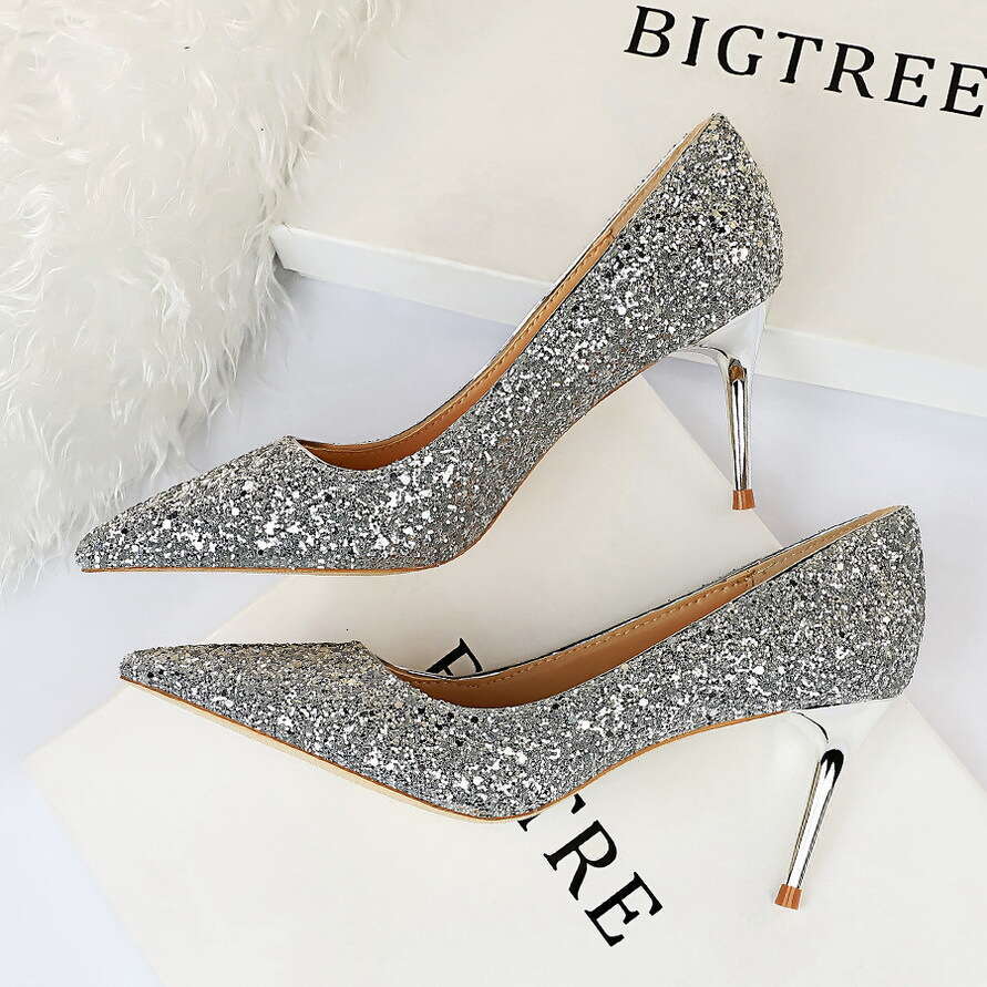 A European And American Style Sexy Nightclub Slimming Women S Stiletto High Heels Fashion Shiny Sequin Single Shoes