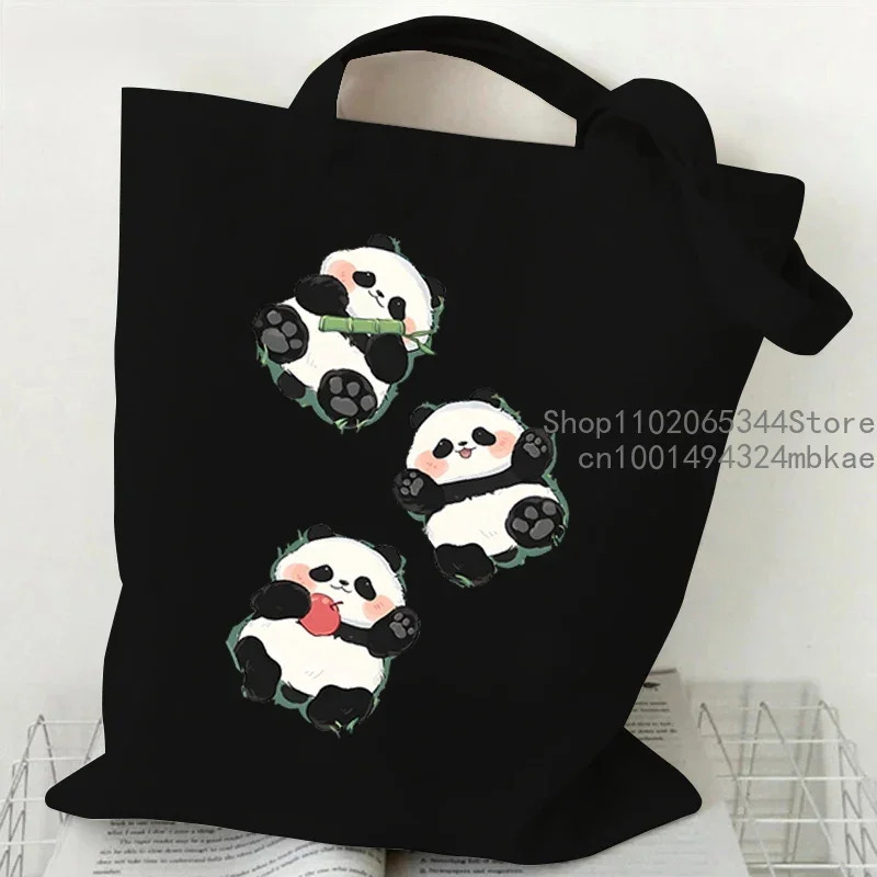 Cartoon Panda Pattern Canvas Shoulder Bag Women Portable Versatile Storage Cute Animal Shopping Bags Teen Girl Handbag 260307