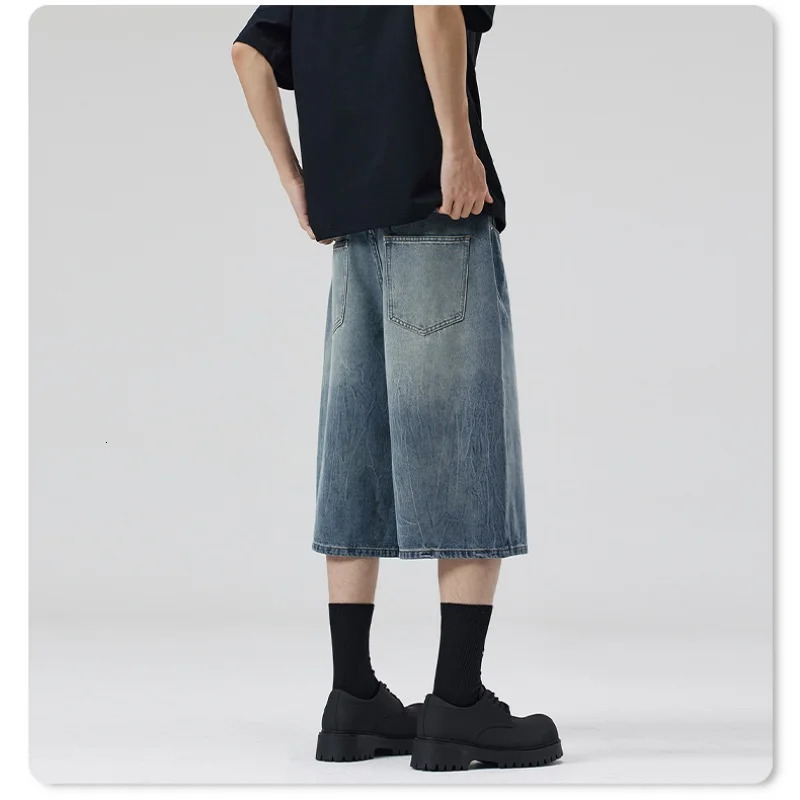 Summer American Lightning Crack Black Grey Jeans Mens Straight Tube Loose Wide Leg Shorts Y2k Street Hip Hop Sevens 260306