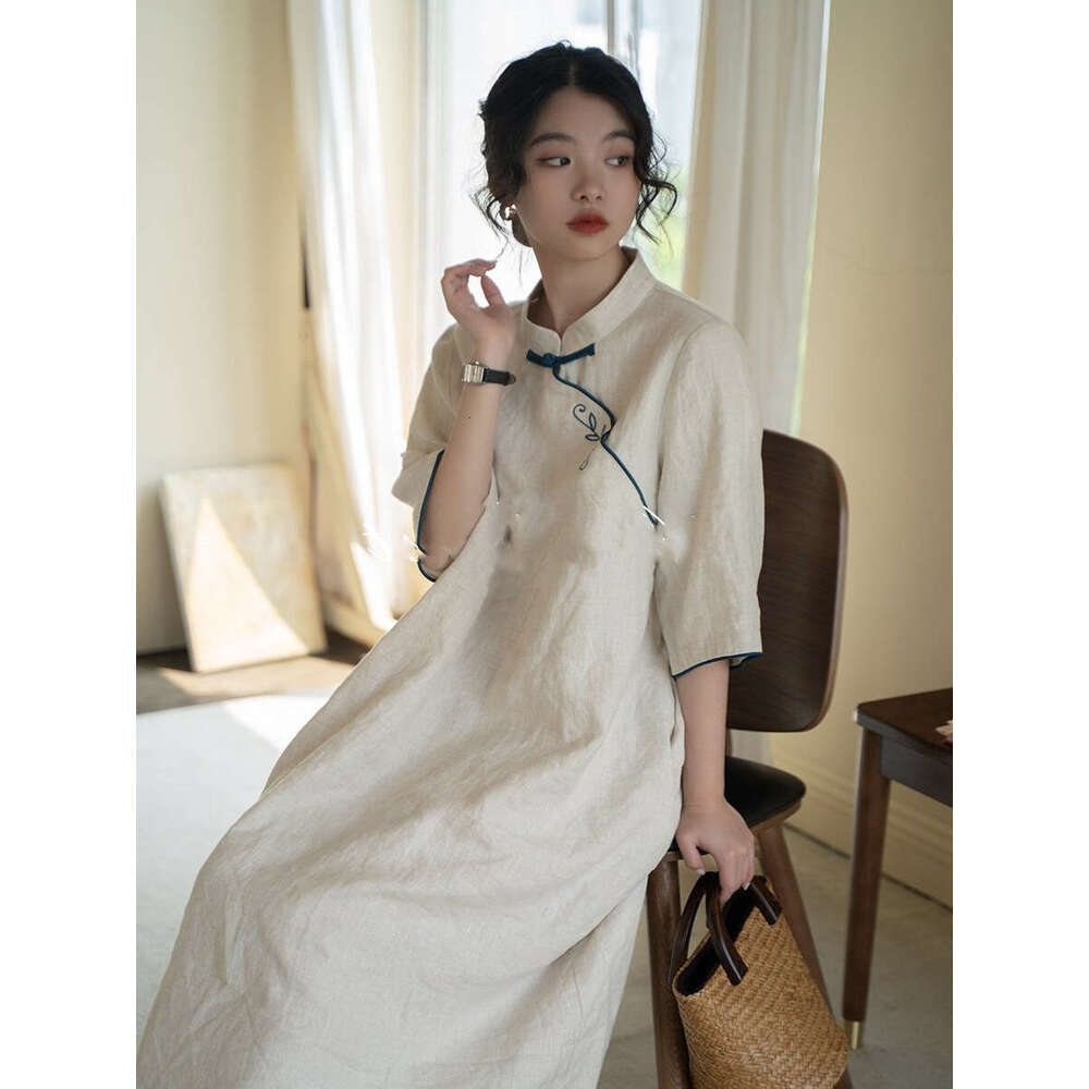 Mardi Hefxessdr Summer Retro Embroidery New Chinese Style Improved Qipao Small Stand Collar Loose Classical Elegant Mid-Length Dress