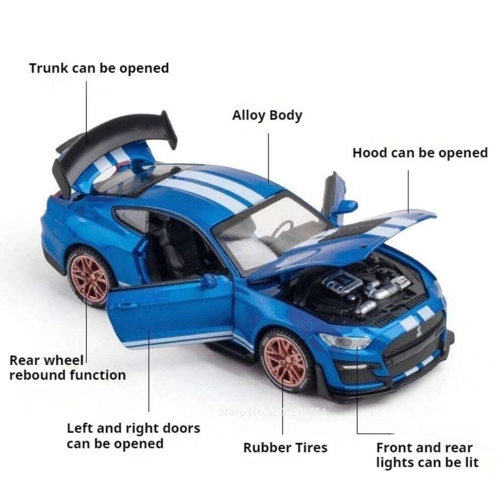 1:32 Mustang Shelby GT500 Viper Miniature Car Diecast Alloy Model Toys Sound Light Pull Back Doors Opened Vehice Home Decoration Z260306