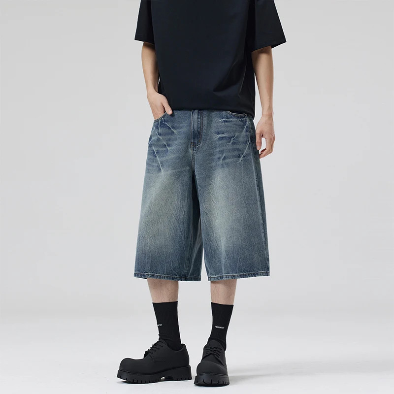 Summer American Lightning Crack Black Grey Jeans Mens Straight Tube Loose Wide Leg Shorts Y2k Street Hip Hop Sevens 260306