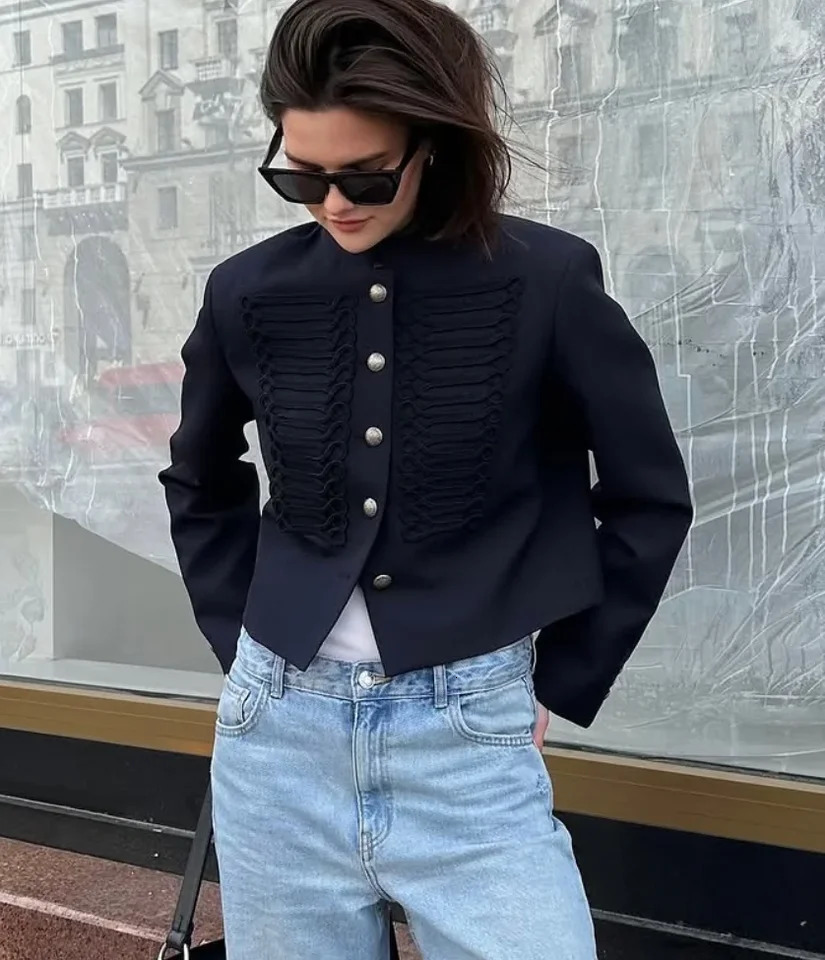 Women Retro Denim Military Jacket Lady Vintage Solid Stand Collar Single Breasted Slim Short Jackets 2026 Daily Street Outerwear 260303