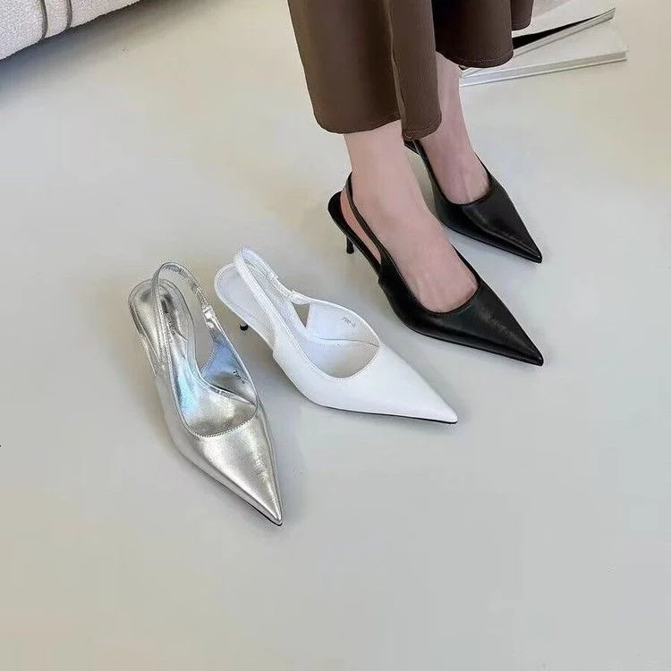 Elegant High Heels Silver Pumps Women Summer Slingbacks Pointed Toe Party Shoes Woman Solid Thin Heeled Sandals Ladies 260303