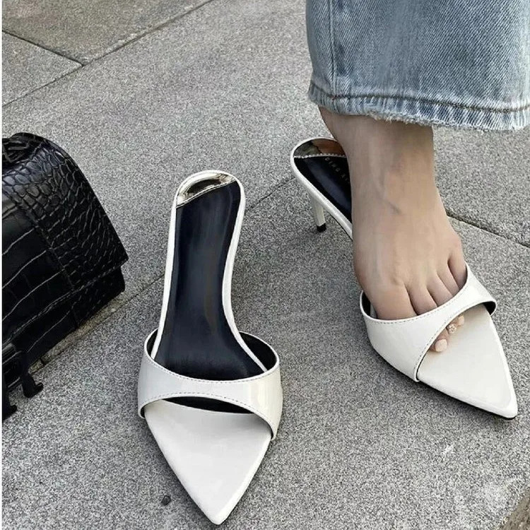 Fashion Sexy PU Shallow Slim High HeelsWomens Pointed Open Toe Outdoor Solid Color Anti Slip Sandals Slippers Mules 260306