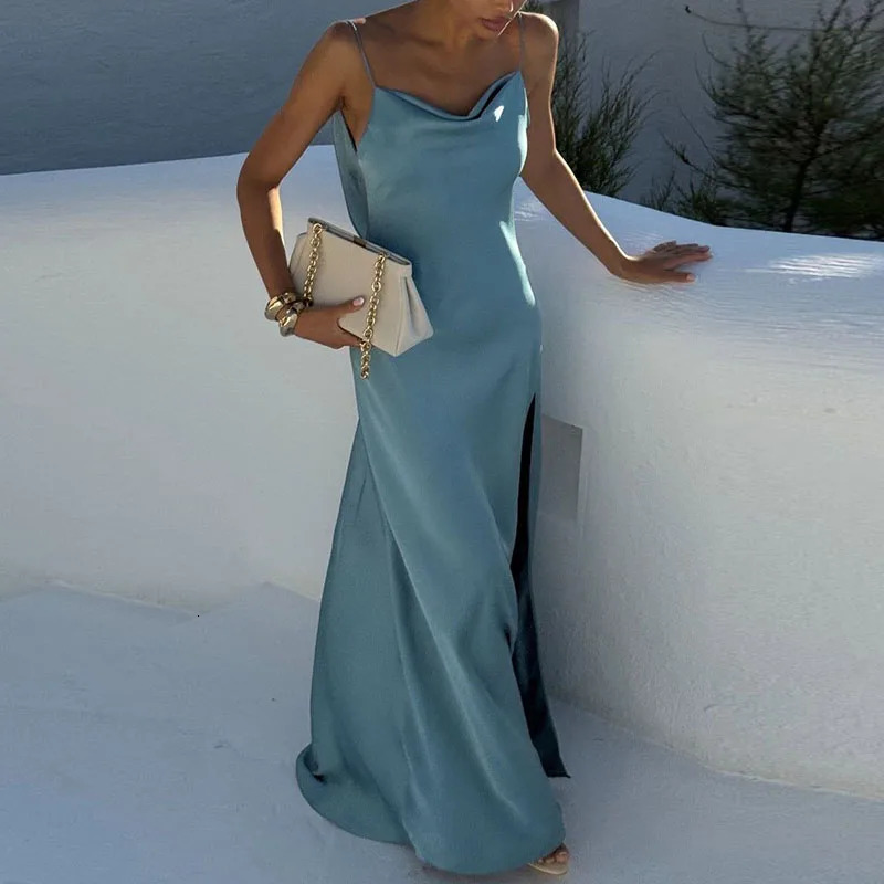 Elegant High Waist Split Women Party Dress Sexy Solid Backless Sleeveless Long Summer Chic Sling Evening Vestidos 260306