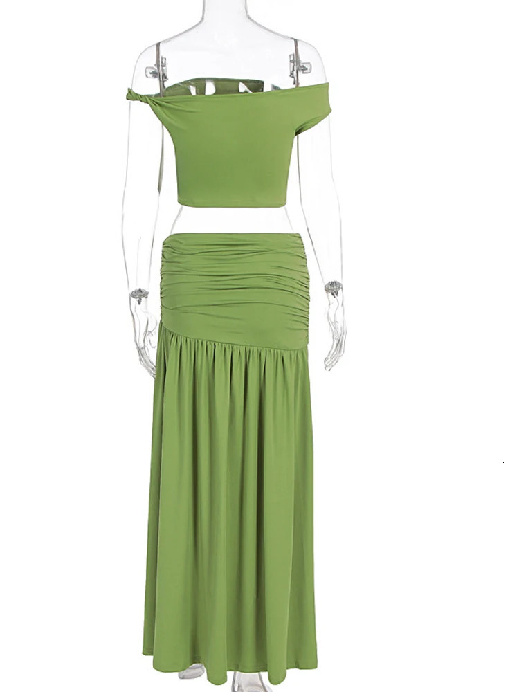 Beyprern y Green Gold Broach Top Maxi Skirt Set TwoPiece Dress Holiday Outfits Women High Slit Ruched Metal Bubble 260306
