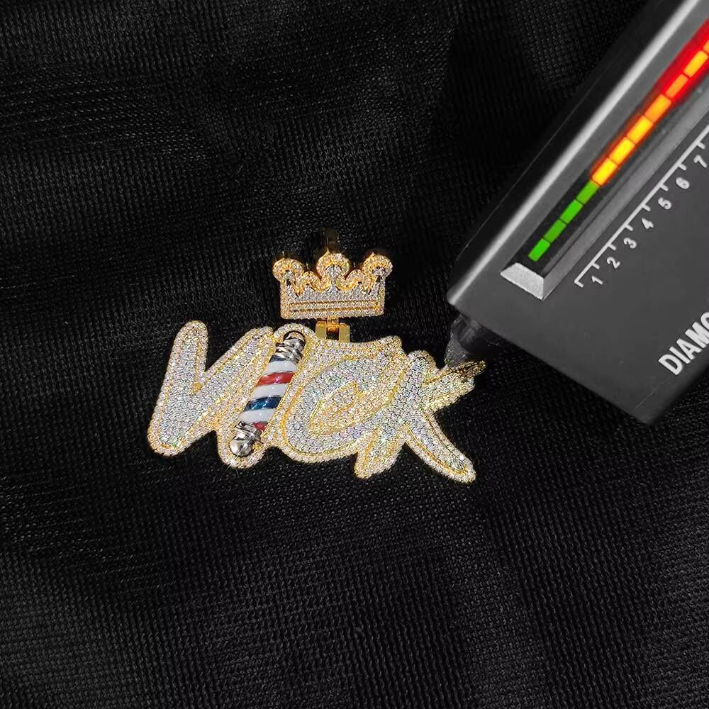 NUOYA Iced Out Moissanite Initial Letter Pendant Passes Diamond Tester Customized Crown Hook Hip Hop Pendant Jewelry Gift