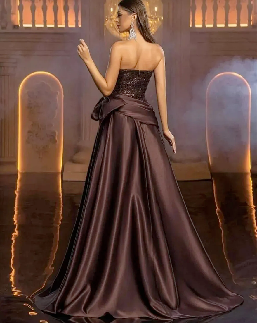 Elegant Brown Prom Formal Dress 2026 Strapless With Bow Top Sequins Satin Long Evening Pageant Party Gowns For Birthday Robe De Soriee BC219