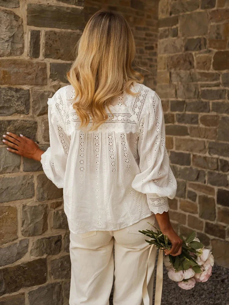 SpringSummer 2026 Arrivals European American Womens Wear Vacation Style SolidColour LaceUp Embroidered Blouse 260228