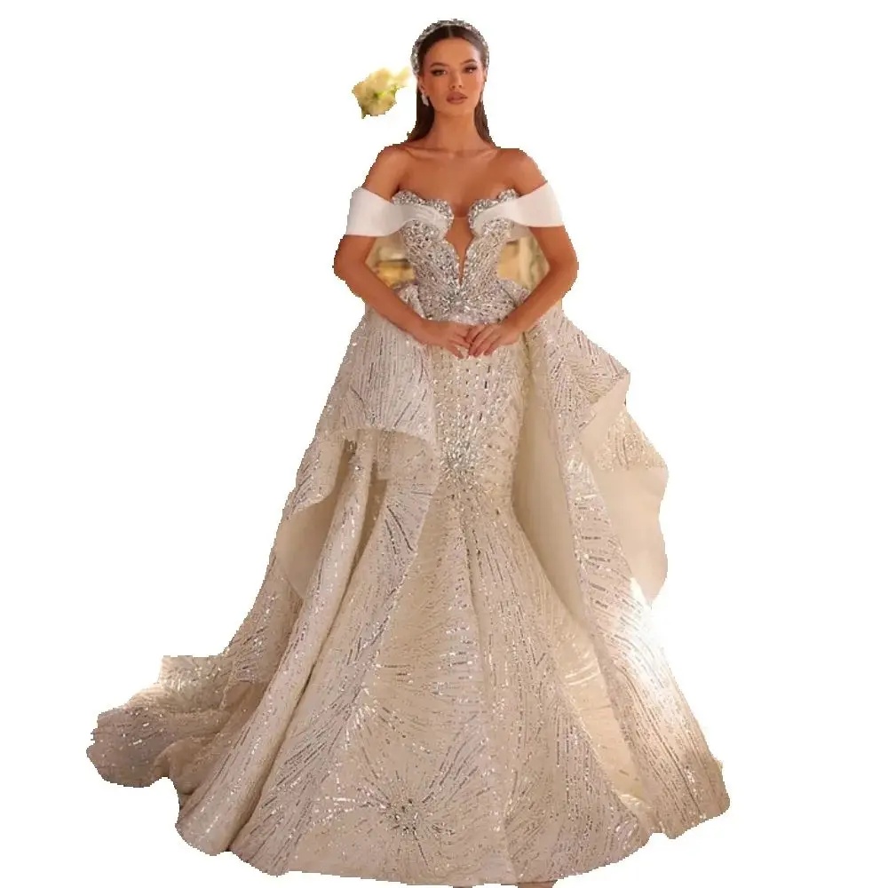 Royal Off The Shoulder Mermaid Wedding Dress Elegant Sequined Lace Bridal Gown Floor Length Bride Dresses Customized