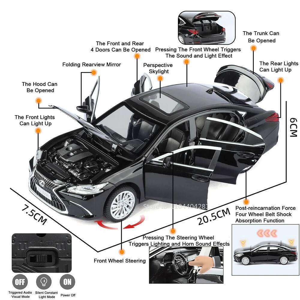 1:24 ES300H LX570 Miniature Model Toy Diecast Alloy Car Shock Absorption Exquisite Models Sound Light Pull Back Cars Decoration Z260307