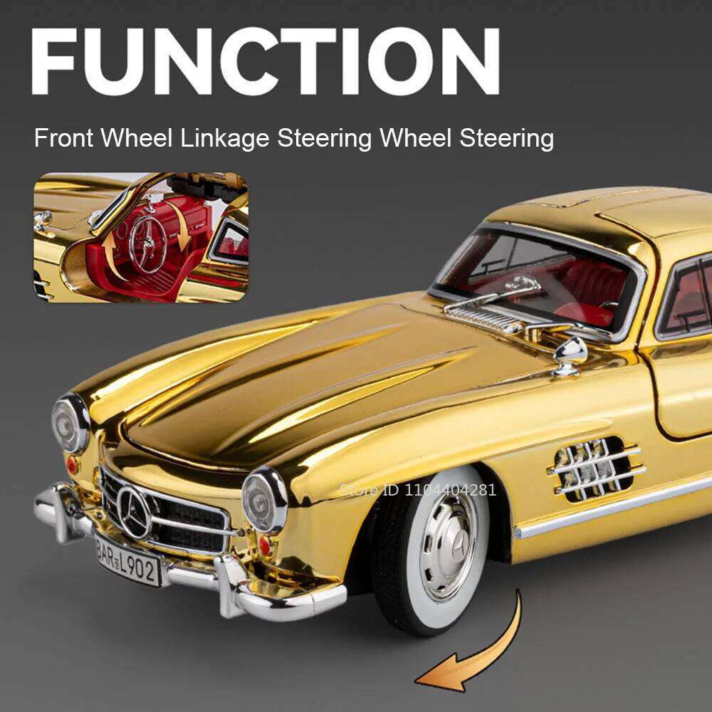 1:24 300SL W140 Diecat Alloy Car Model Toy Doors Opened Sound Light Pull Back Front Wheel Steering Vehcie Collect Ornaments Gift Z260306
