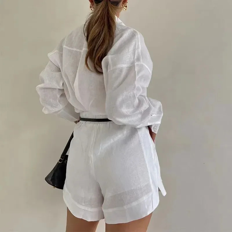 2026 Womens Long Sleeve 2Piece Set Casual Button Detail Shorts Outfit Shirt Top Summer Fashion Female Suit Y2k Clothing 260306