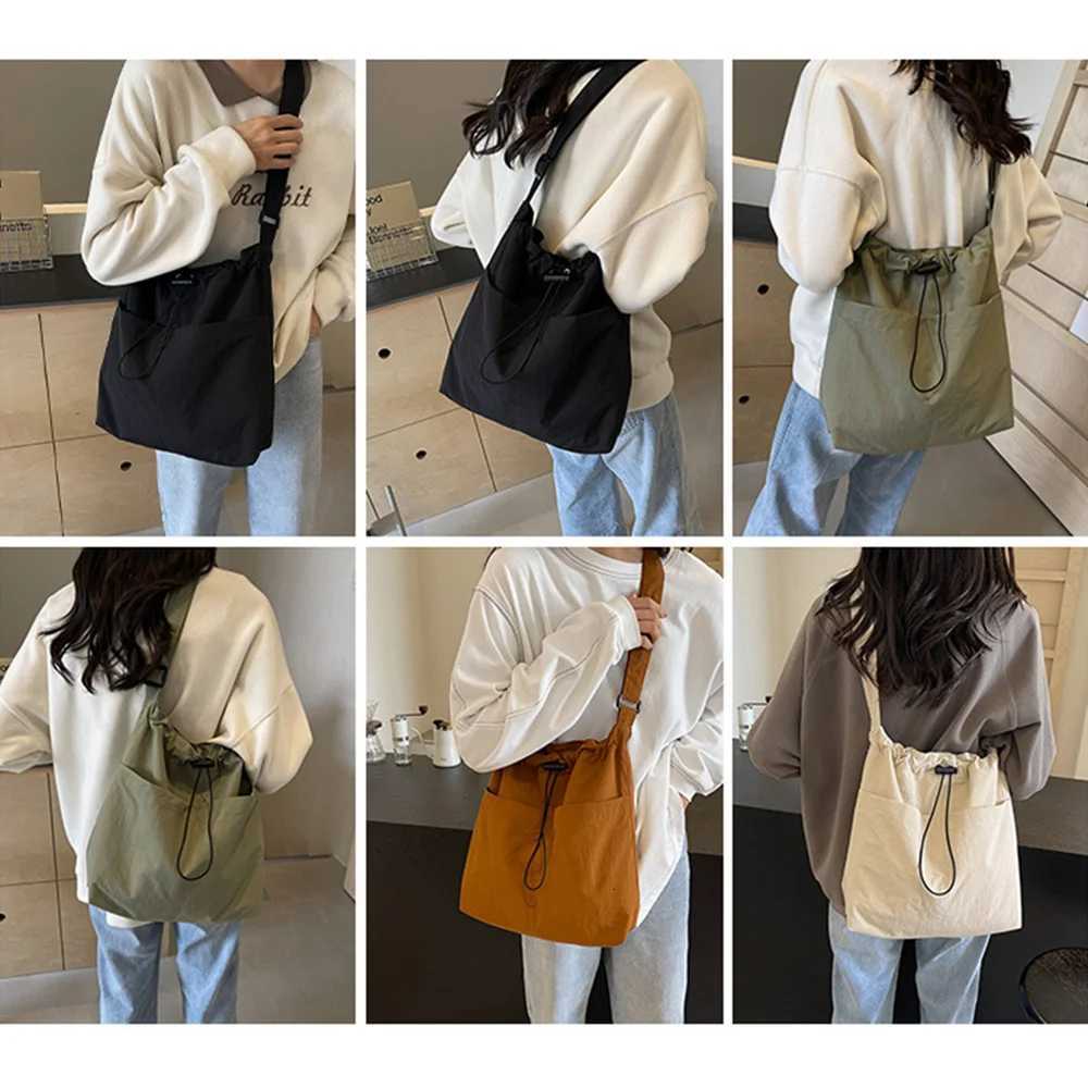 Travel Casual Nylon Tote Bag Drawstring Shoulder Bag Large Capacity Crossbody Bucket Bag with Adjustable Strap H260306