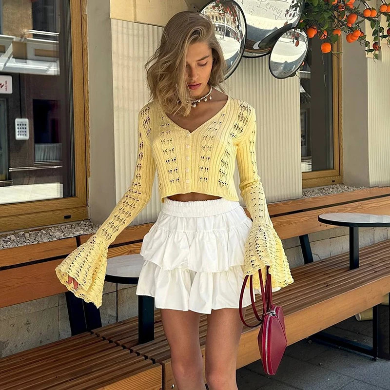 TARUXY Hollow Knitted Cardigan Womens Solid Long Sleeve V Neck Short Sweater Top Summer Female Crochet Casual Outwear 260305