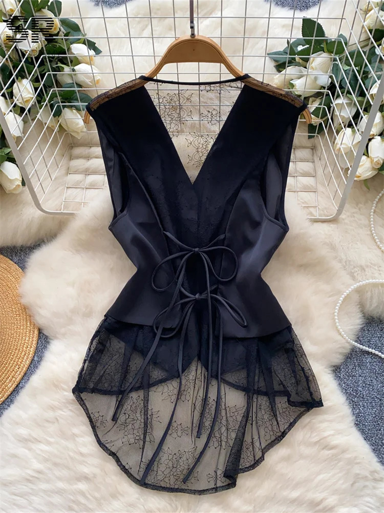 SINGREINY Backless Sexy Tank Vest Sleeveless Single Breasted V Neck Spliced Lace Skinny Sheer Irregular Summer Women Tops 260306