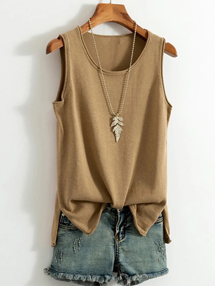 Cotton and Linen Camisole Womens Summer I-shaped Sleeveless Knitted Bottoming Shirt Short Outer Wear Loose Top Solid 260306