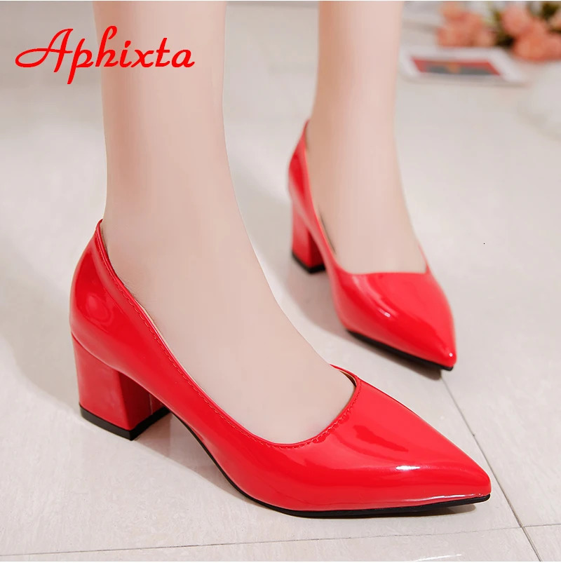 Aphixta 5cm Square Heels Patent Leather Red Pumps Shoes Woman Classics Pointed Toe Dress Official Pumps Party Plus Size 49 50 260306