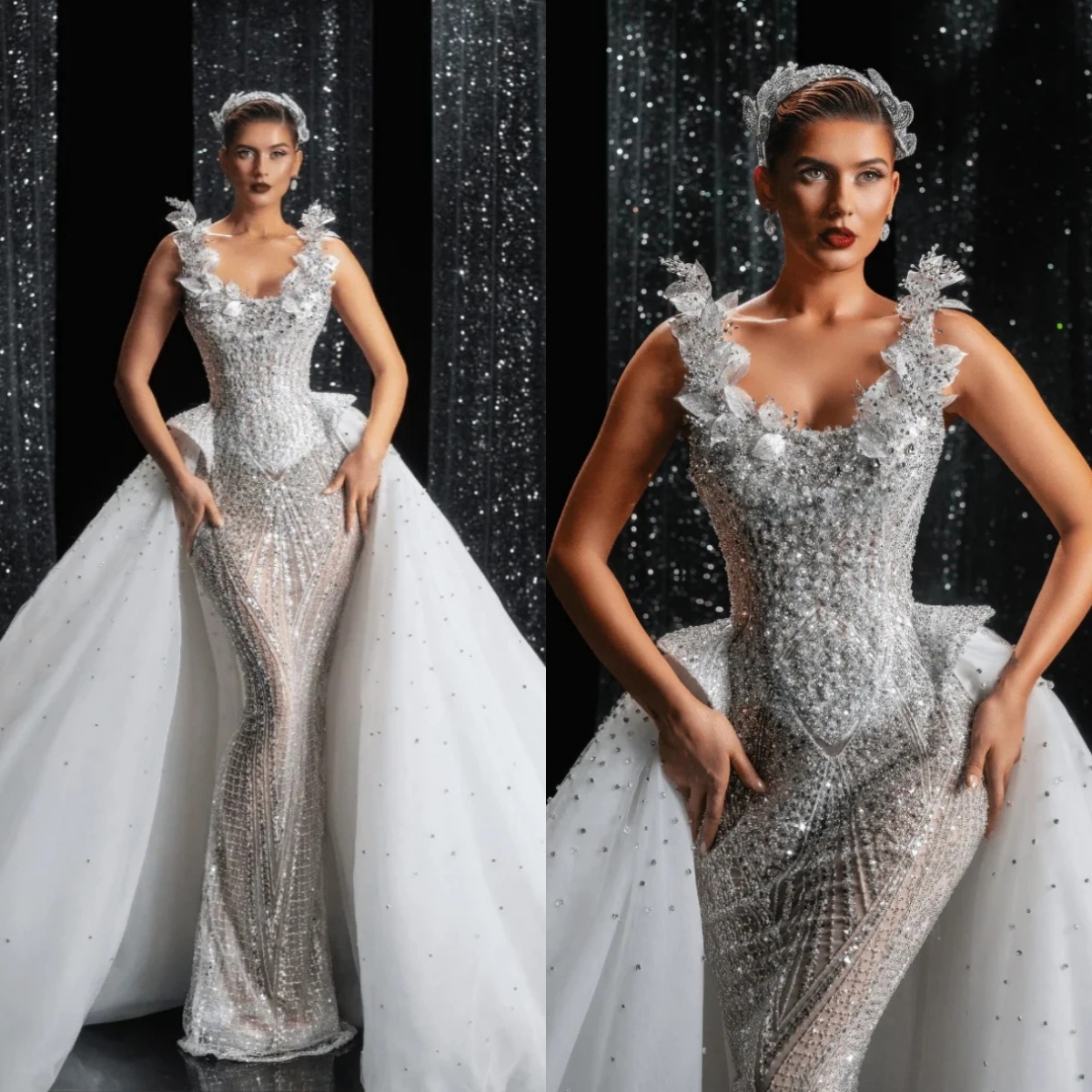 Luxury Sequins Wedding Dress With Detachable Train Beaded Lace Bridal Dress Appliques Floor Length customized vestidos de novia