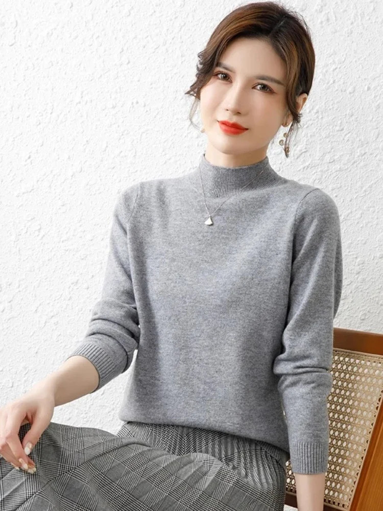 Korean Sweaters Autumn Winter Women Sweater Vintage Basic Solid Knitted Tops Casual Slim Mock Neck Pullover Simple Chic Jumpers 260306