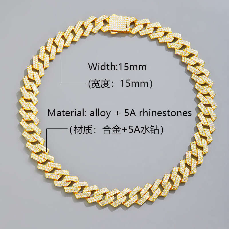Hip-hop Cuban chain 15mm fashion high-quality alloy rhinestone necklace hip-hop jewelry direct from the factory