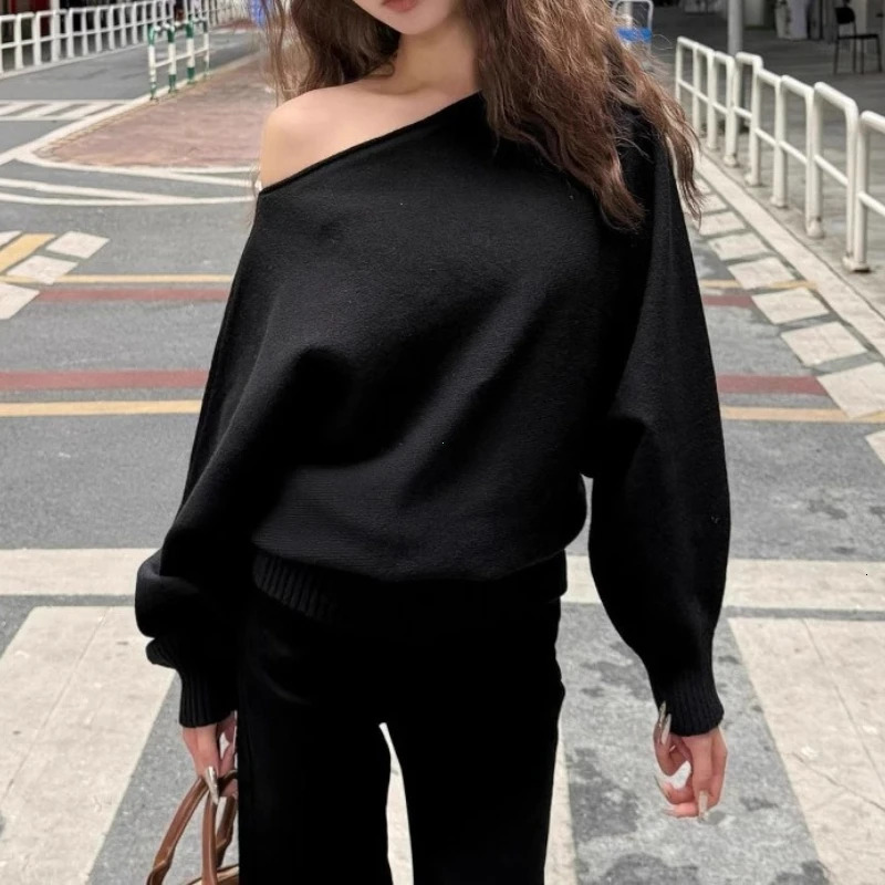 Batwing Long Sleeve Knitted Pullover Women 380g Thick Off Shoulder Top Korean Fashion Sweater Loose Casual Autumn Outwear Pull 260306