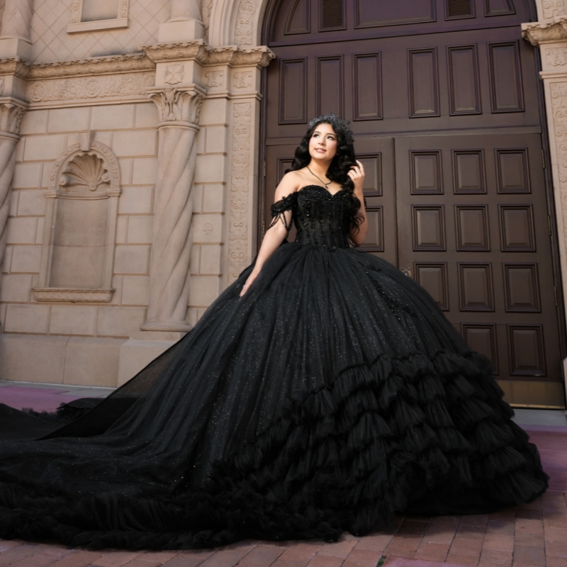 Black Shiny Quinceanera Dresses Ball Gown Off The Shoulder Beading Crystal Tiered Tull Corset Party Birthday Sweet 16 Dress Vestidos 15 De Anos